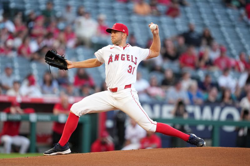 Aug 31, 2024; Anaheim, California, USA; Los Angeles Angels starting pitcher Tyler Anderson (31) throws in the first inning against the Seattle Mariners at Angel Stadium. Mandatory Credit: Kirby Lee-USA TODAY Sports