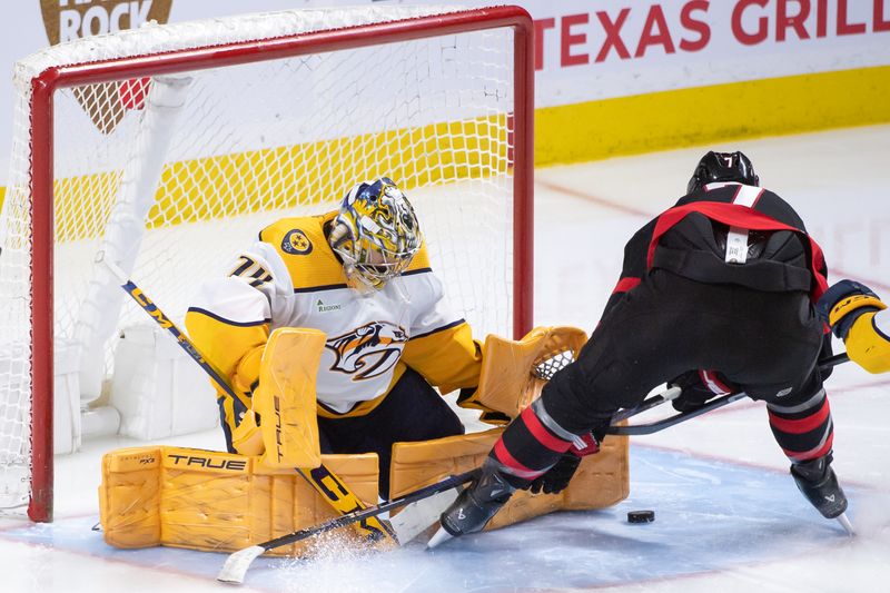 Jan 29, 2024; Ottawa, Ontario, CAN; Nashville Predators goalie Juuse Saros (74) makes a save on a shot from Ottawa Senators left wing Brady Tkachuk (7) in the third period at the Canadian Tire Centre. Mandatory Credit: Marc DesRosiers-USA TODAY Sports