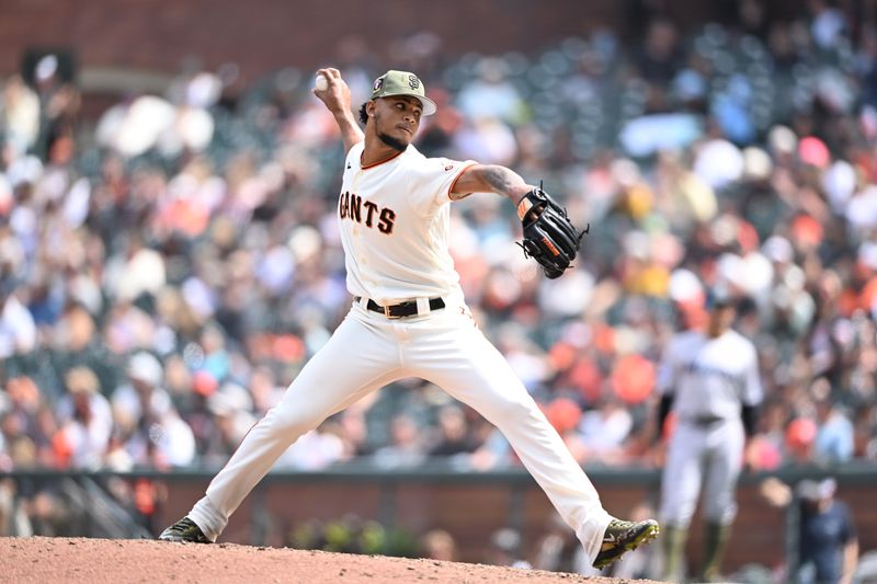 May 21, 2023; San Francisco, California, USA; San Francisco Giants pitcher Camilo Doval (75) throws a pitch against the Miami Marlins during the eighth inning at Oracle Park. Mandatory Credit: Robert Edwards-USA TODAY Sports