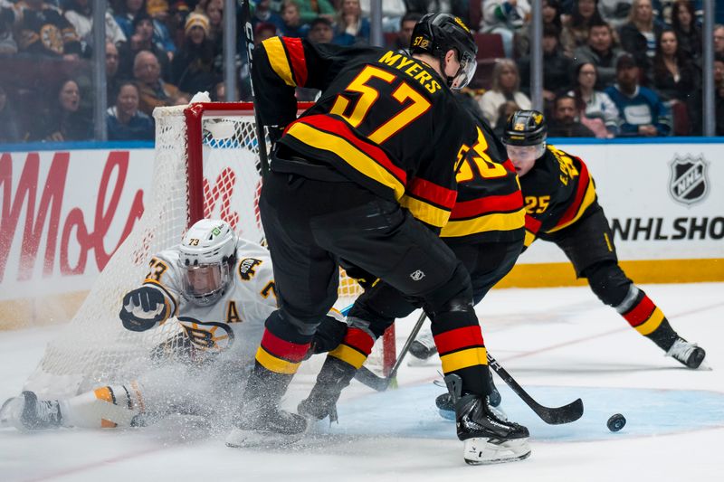 Jan 3, 2026; Vancouver, British Columbia, CAN; Boston Bruins defenseman Charlie McAvoy (73) collides with the goal post against the Boston Bruins in the first period at Rogers Arena. Mandatory Credit: Bob Frid-Imagn Images