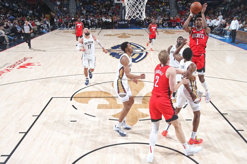 NEW ORLEANS, LA - FEBRUARY 22: Amen Thompson #1 of the Houston Rockets shoots the ball during the game against the New Orleans Pelicans on February 22, 2024 at the Smoothie King Center in New Orleans, Louisiana. NOTE TO USER: User expressly acknowledges and agrees that, by downloading and or using this Photograph, user is consenting to the terms and conditions of the Getty Images License Agreement. Mandatory Copyright Notice: Copyright 2024 NBAE (Photo by Layne Murdoch Jr./NBAE via Getty Images)