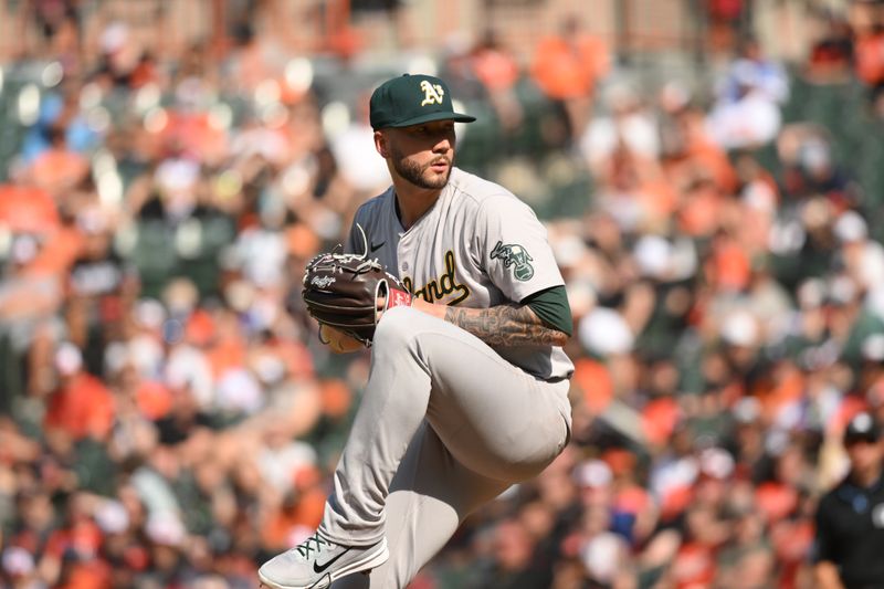 Apr 28, 2024; Baltimore, Maryland, USA;  Oakland Athletics relief pitcher Lucas Erceg (70) delivers a pitch during the ninth inning against the Baltimore Orioles at Oriole Park at Camden Yards. Mandatory Credit: James A. Pittman-USA TODAY Sports