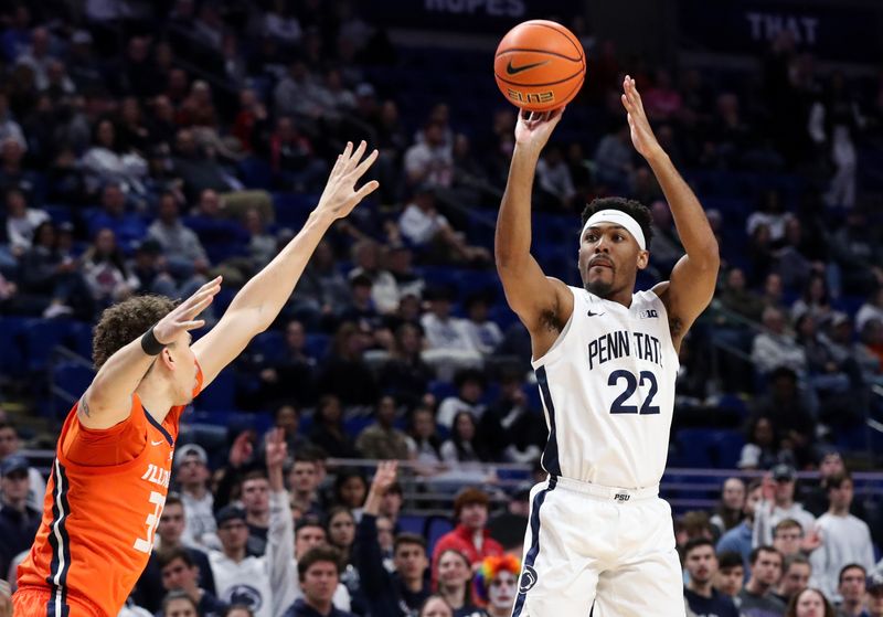 Feb 14, 2023; University Park, Pennsylvania, USA; Penn State Nittany Lions guard Jalen Pickett (22) shoots the ball as Illinois Fighting Illini forward Coleman Hawkins (33) defends during the first half at Bryce Jordan Center. Mandatory Credit: Matthew OHaren-USA TODAY Sports