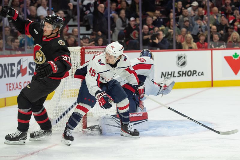 Oct 18, 2023; Ottawa, Ontario, CAN; Ottawa Senators right wing Vladimir Tarasenlo (91) celebrates his goal scored against Washington Capitals goalie Darcy Kuemper (35) in the first period at the Canadian Tire Centre. Mandatory Credit: Marc DesRosiers-USA TODAY Sports