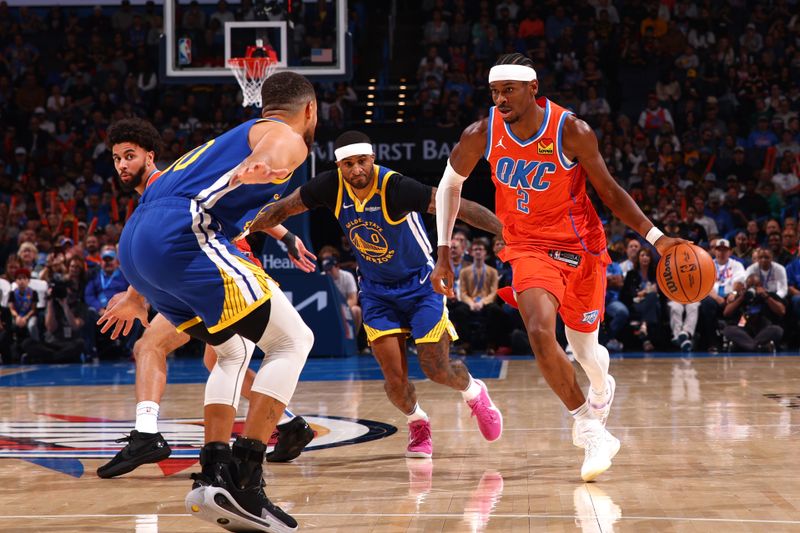 OKLAHOMA CITY, OK - NOVEMBER 10: Shai Gilgeous-Alexander #2 of the Oklahoma City Thunder dribbles the ball during the game against the Golden State Warriors on November 10, 2024 at Paycom Center in Oklahoma City, Oklahoma. NOTE TO USER: User expressly acknowledges and agrees that, by downloading and or using this photograph, User is consenting to the terms and conditions of the Getty Images License Agreement. Mandatory Copyright Notice: Copyright 2024 NBAE (Photo by Zach Beeker/NBAE via Getty Images)