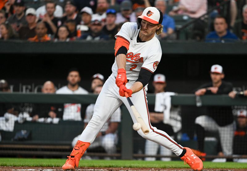 Apr 16, 2024; Baltimore, Maryland, USA; Baltimore Orioles shortstop Gunnar Henderson (2) hits a rbi single scoring second baseman Jackson Holliday (not pictured) during the third inning against the Minnesota Twins  at Oriole Park at Camden Yards. Mandatory Credit: Tommy Gilligan-USA TODAY Sports