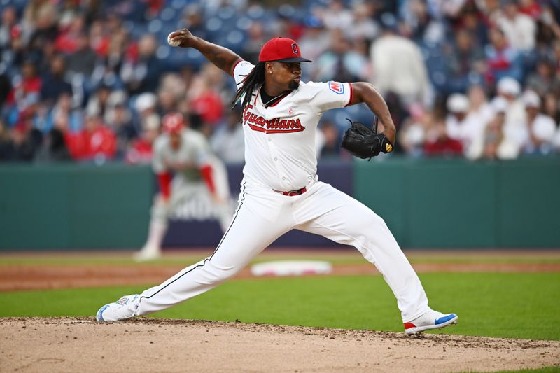May 11, 2025; Cleveland, Ohio, USA; Cleveland Guardians starting pitcher Luis Ortiz (45) throws a pitch during the fourth inning against the Philadelphia Phillies at Progressive Field. Mandatory Credit: Ken Blaze-Imagn Images