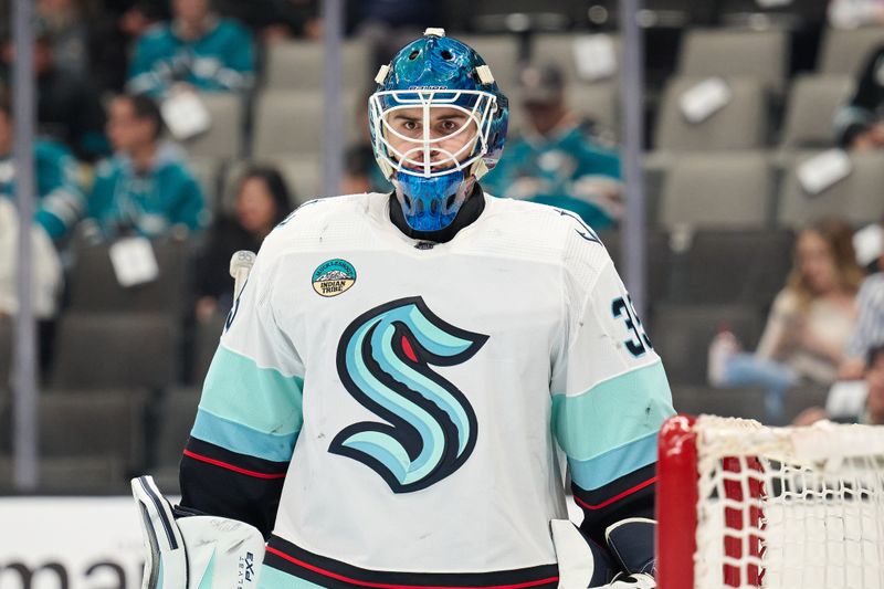 Jan 30, 2024; San Jose, California, USA; Seattle Kraken goaltender Joey Daccord (35) during the second period against the San Jose Sharks at SAP Center at San Jose. Mandatory Credit: Robert Edwards-USA TODAY Sports