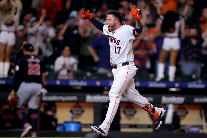 Apr 30, 2024; Houston, Texas, USA; Houston Astros catcher Victor Caratini (17) reacts after hitting a walkoff home run against the Cleveland Guardians during the tenth inning at Minute Maid Park. Mandatory Credit: Erik Williams-USA TODAY Sports