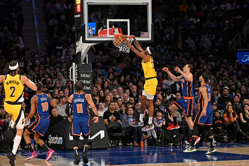 NEW YORK, NY - FEBRUARY 10: Isaiah Jackson #22 of the Indiana Pacers dunks the ball during the game against the New York Knicks on February 10, 2024 at Madison Square Garden in New York City, New York.  NOTE TO USER: User expressly acknowledges and agrees that, by downloading and or using this photograph, User is consenting to the terms and conditions of the Getty Images License Agreement. Mandatory Copyright Notice: Copyright 2024 NBAE  (Photo by David Dow/NBAE via Getty Images)