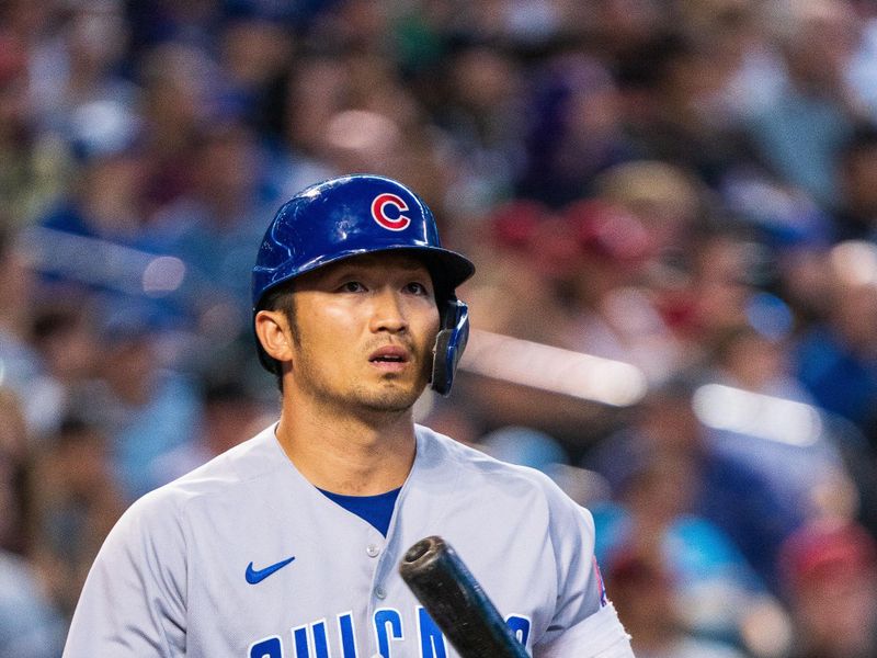 Sep 17, 2023; Phoenix, Arizona, USA; Chicago Cubs outfielder Seiya Suzuki (27) prepares for his at bat in the first inning against the Arizona Diamondbacks at Chase Field. Mandatory Credit: Allan Henry-USA TODAY Sports