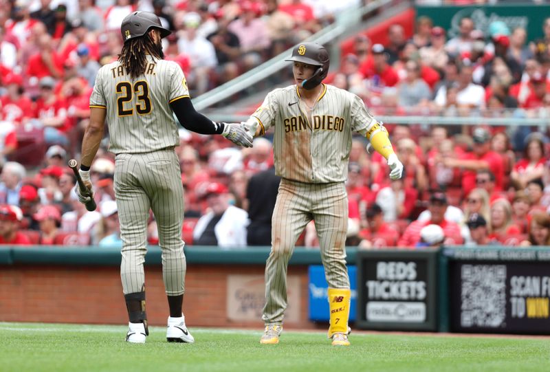 Jul 2, 2023; Cincinnati, Ohio, USA; San Diego Padres right fielder Fernando Tatis Jr. (23) and second baseman Ha-Seong Kim (7) react after Kim hit a solo home run against the Cincinnati Reds during the eighth inning at Great American Ball Park. Mandatory Credit: David Kohl-USA TODAY Sports