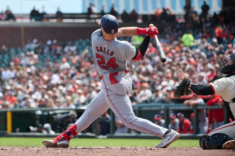 Apr 10, 2024; San Francisco, California, USA; Washington Nationals first baseman Joey Gallo (24) bats against the San Francisco Giants during the fourth inning at Oracle Park. Mandatory Credit: Robert Edwards-USA TODAY Sports