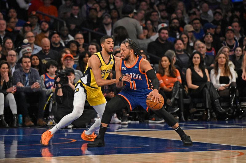 NEW YORK, NY - FEBRUARY 10: Jalen Brunson #11 of the New York Knicks dribbles the ball during the game against the Indiana Pacers on February 10, 2024 at Madison Square Garden in New York City, New York.  NOTE TO USER: User expressly acknowledges and agrees that, by downloading and or using this photograph, User is consenting to the terms and conditions of the Getty Images License Agreement. Mandatory Copyright Notice: Copyright 2024 NBAE  (Photo by David Dow/NBAE via Getty Images)