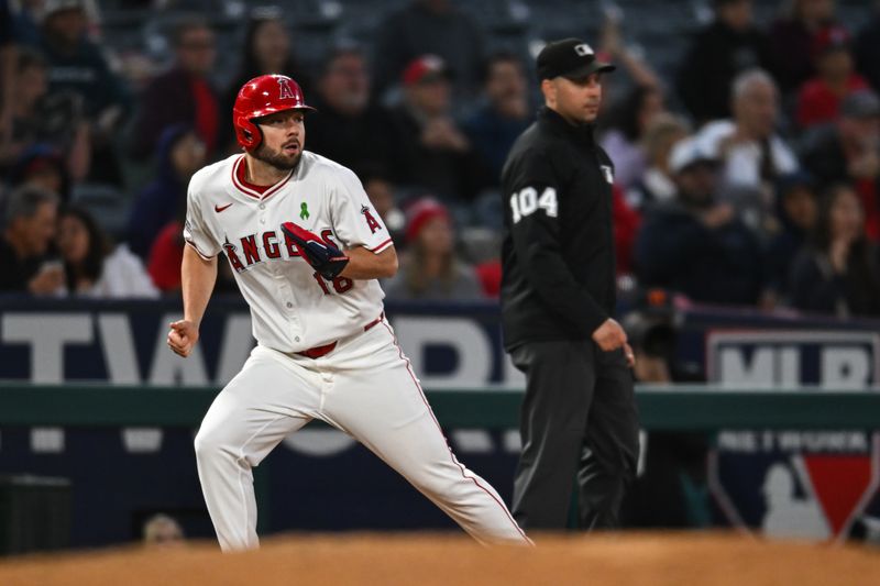 May 25, 2024; Anaheim, California, USA; Los Angeles Angels first baseman Nolan Schanuel (18) runs the bases against the Cleveland Guardians during the fifth inning at Angel Stadium. Mandatory Credit: Jonathan Hui-USA TODAY Sports