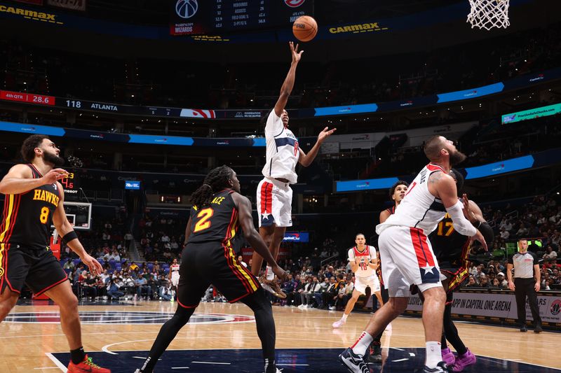 WASHINGTON, DC -? OCTOBER 30:  Carlton Carrington #8 of the Washington Wizards shoots the ball during the game against the Atlanta Hawks during a regular season game on October 30, 2024 at Capital One Arena in Washington, DC. NOTE TO USER: User expressly acknowledges and agrees that, by downloading and or using this Photograph, user is consenting to the terms and conditions of the Getty Images License Agreement. Mandatory Copyright Notice: Copyright 2024 NBAE (Photo by Kenny Giarla/NBAE via Getty Images)