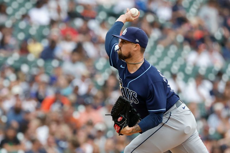 Aug 6, 2023; Detroit, Michigan, USA; Tampa Bay Rays relief pitcher Shawn Armstrong (64) pitches in the fourth inning against the Detroit Tigers at Comerica Park. Mandatory Credit: Rick Osentoski-USA TODAY Sports