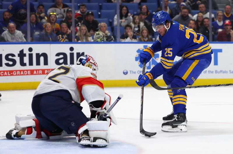 Oct 28, 2024; Buffalo, New York, USA;  Florida Panthers goaltender Sergei Bobrovsky (72) looks to make a save on Buffalo Sabres defenseman Owen Power (25) during the second period at KeyBank Center. Mandatory Credit: Timothy T. Ludwig-Imagn Images