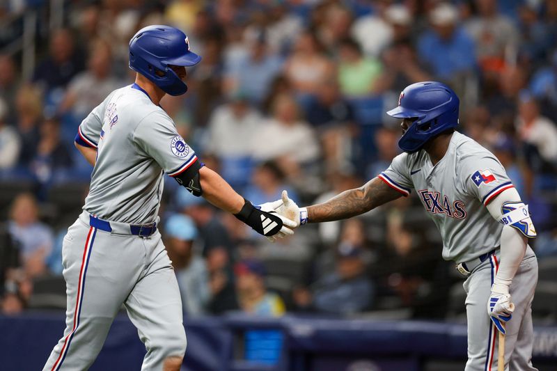 Apr 3, 2024; St. Petersburg, Florida, USA;  Texas Rangers right fielder Adolis Garcia (53) congratulates designated hitter Corey Seager (5) after hitting a home run against the Tampa Bay Rays in the sixth inning at Tropicana Field. Mandatory Credit: Nathan Ray Seebeck-USA TODAY Sports