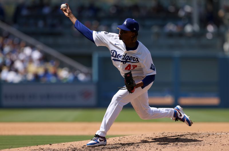 Jun 5, 2025; Los Angeles, California, USA; Los Angeles Dodgers pitcher Jose Urena (47) throws during the sixth inning against the New York Mets at Dodger Stadium. Mandatory Credit: Jason Parkhurst-Imagn Images