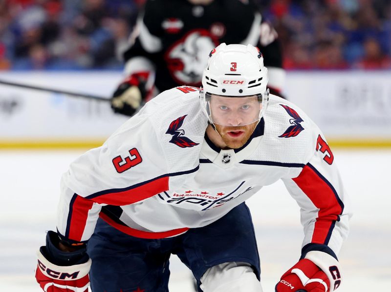 Apr 2, 2024; Buffalo, New York, USA;  Washington Capitals defenseman Nick Jensen (3) skates for a loose puck during the second period against the Buffalo Sabres at KeyBank Center. Mandatory Credit: Timothy T. Ludwig-USA TODAY Sports