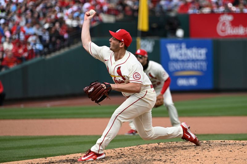 Apr 1, 2023; St. Louis, Missouri, USA; St. Louis Cardinals starting pitcher Andre Pallante (53) pitches against the Toronto Blue Jays in the seventh inning at Busch Stadium. Mandatory Credit: Joe Puetz-USA TODAY Sports