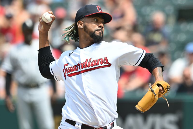 Aug 6, 2023; Cleveland, Ohio, USA; Cleveland Guardians relief pitcher Emmanuel Clase (48) throws a pitch during the ninth inning against the Chicago White Sox at Progressive Field. Mandatory Credit: Ken Blaze-USA TODAY Sports