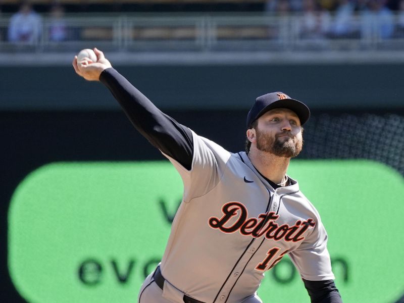 Apr 13, 2025; Minneapolis, Minnesota, USA; Detroit Tigers starting pitcher Casey Mize (12) throws to the Minnesota Twins in the first inning at Target Field. Mandatory Credit: Bruce Kluckhohn-Imagn Images