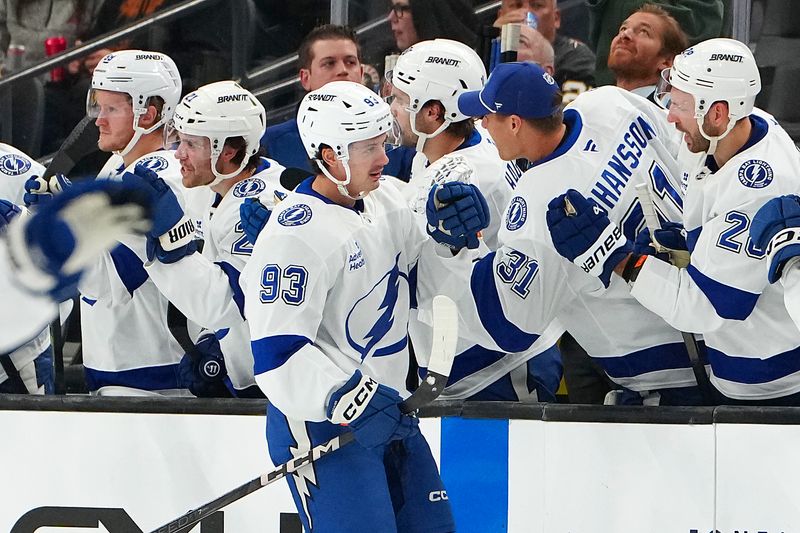 Nov 6, 2025; Las Vegas, Nevada, USA; Tampa Bay Lightning center Gage Goncalves (93) celebrates after scoring a goal against the Vegas Golden Knights during the second period at T-Mobile Arena. Mandatory Credit: Stephen R. Sylvanie-Imagn Images