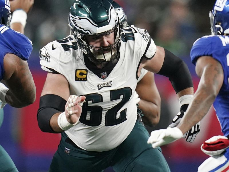 Philadelphia Eagles center Jason Kelce (62) during an NFL football game against the New York Giants, Sunday, Jan. 7, 2024 in East Rutherford, N.J. Giants won 27-10. (AP Photo/Vera Nieuwenhuis)