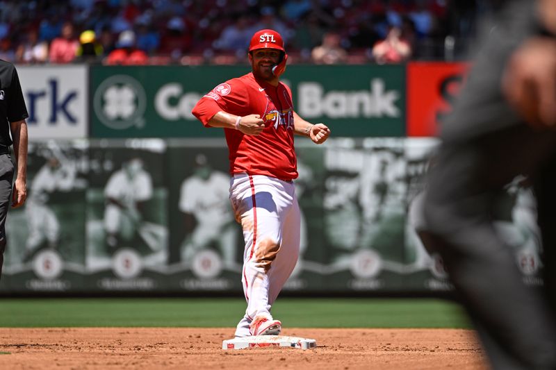 Jun 23, 2024; St. Louis, Missouri, USA; St. Louis Cardinals catcher Pedro Pages (43) reacts after safely stealing second base against the San Francisco Giants in the second inning at Busch Stadium. Mandatory Credit: Joe Puetz-USA TODAY Sports