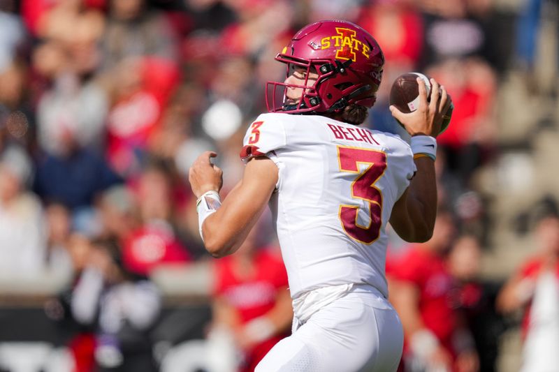 Oct 14, 2023; Cincinnati, Ohio, USA;  Iowa State Cyclones quarterback Rocco Becht (3) throws a pass against the Cincinnati Bearcats in the first half at Nippert Stadium. Mandatory Credit: Aaron Doster-USA TODAY Sports