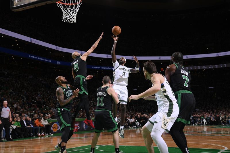 BOSTON, MA - MARCH 20: Bobby Portis #9 of the Milwaukee Bucks shoots the ball during the game against the Boston Celtics on March 20, 2024 at the TD Garden in Boston, Massachusetts. NOTE TO USER: User expressly acknowledges and agrees that, by downloading and or using this photograph, User is consenting to the terms and conditions of the Getty Images License Agreement. Mandatory Copyright Notice: Copyright 2024 NBAE  (Photo by Brian Babineau/NBAE via Getty Images)