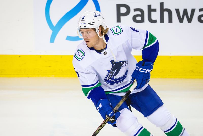 Dec 2, 2023; Calgary, Alberta, CAN; Vancouver Canucks right wing Brock Boeser (6) skates during the warmup period against the Calgary Flames at Scotiabank Saddledome. Mandatory Credit: Sergei Belski-USA TODAY Sports