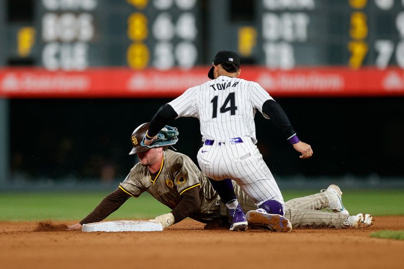 Apr 24, 2024; Denver, Colorado, USA; San Diego Padres center fielder Jackson Merrill (3) is tagged out attempting to steal second against Colorado Rockies shortstop Ezequiel Tovar (14) in the ninth inning at Coors Field. Mandatory Credit: Isaiah J. Downing-USA TODAY Sports