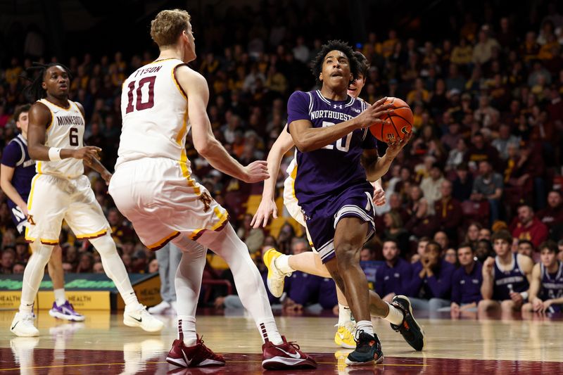 Mar 7, 2026; Minneapolis, Minnesota, USA; Northwestern Wildcats guard Justin Mullins (20) works around Minnesota Golden Gophers forward Bobby Durkin (3) during the second half at Williams Arena. Mandatory Credit: Matt Krohn-Imagn Images