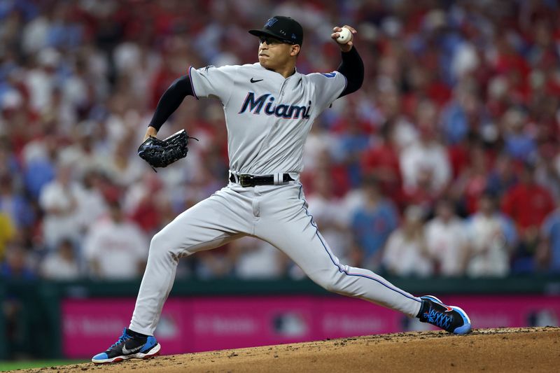 Oct 3, 2023; Philadelphia, Pennsylvania, USA; Miami Marlins starting pitcher Jesus Luzardo (44) throws a pitch against the Philadelphia Phillies in the first inning for game one of the Wildcard series for the 2023 MLB playoffs at Citizens Bank Park. Mandatory Credit: Bill Streicher-USA TODAY Sports