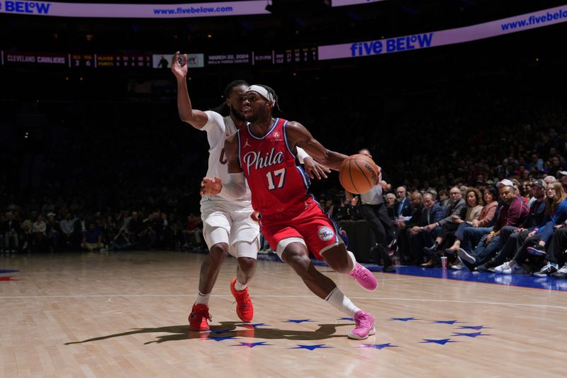 PHILADELPHIA, PA - FEBRUARY 23: Buddy Hield #17 of the Philadelphia 76ers drives to the basket during the game against the Cleveland Cavaliers on February 23, 2024 at the Wells Fargo Center in Philadelphia, Pennsylvania NOTE TO USER: User expressly acknowledges and agrees that, by downloading and/or using this Photograph, user is consenting to the terms and conditions of the Getty Images License Agreement. Mandatory Copyright Notice: Copyright 2024 NBAE (Photo by Jesse D. Garrabrant/NBAE via Getty Images)