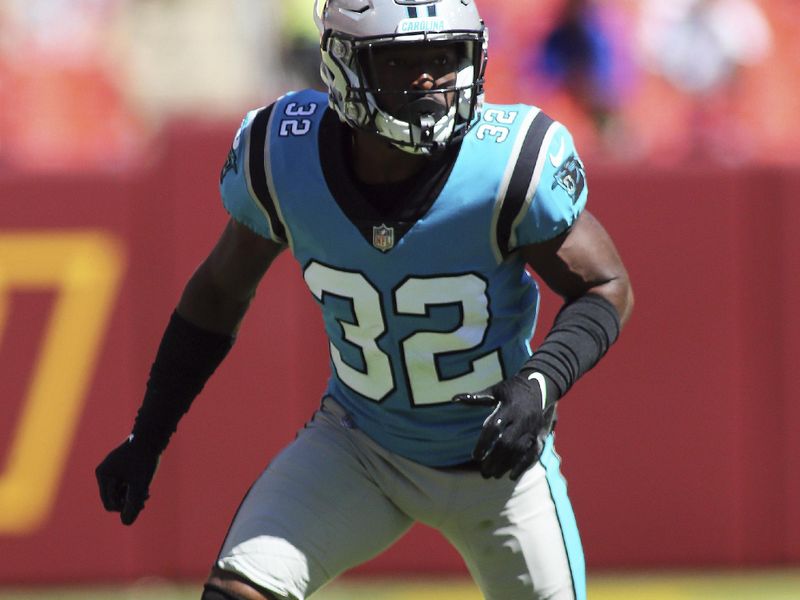 Carolina Panthers cornerback Tae Hayes (32) runs during an NFL football game against the Washington Commanders, Saturday, Aug. 13, 2022 in Landover. (AP Photo/Daniel Kucin Jr.)