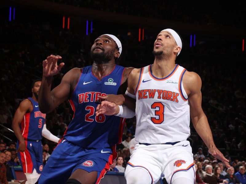 NEW YORK, NY - JANUARY 13: Isaiah Stewart #28 of the Detroit Pistons and Josh Hart #3 of the New York Knicks battle for position during the game on January 13, 2025 at Madison Square Garden in New York City, New York.  NOTE TO USER: User expressly acknowledges and agrees that, by downloading and or using this photograph, User is consenting to the terms and conditions of the Getty Images License Agreement. Mandatory Copyright Notice: Copyright 2025 NBAE  (Photo by Nathaniel S. Butler/NBAE via Getty Images)