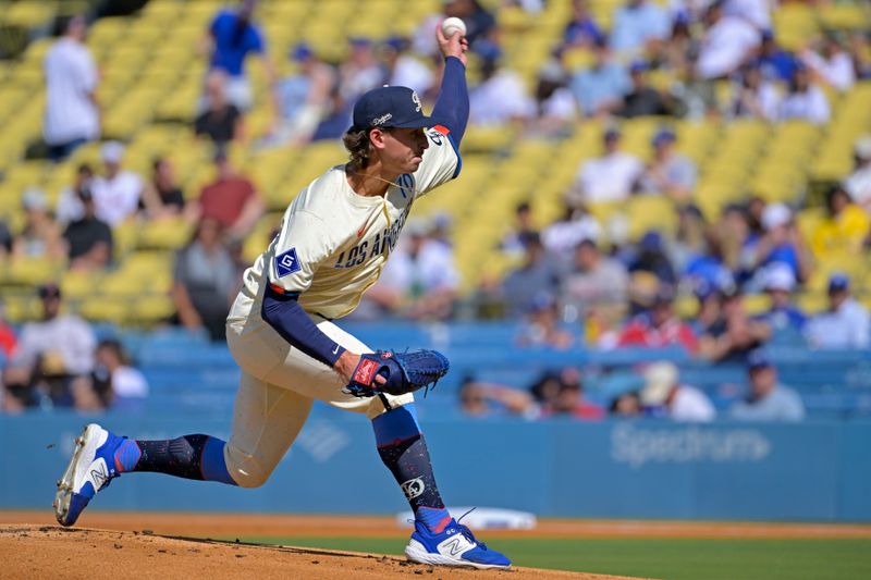 Jul 20, 2024; Los Angeles, California, USA;  Los Angeles Dodgers starting pitcher Justin Wrobleski (70) delivers to the plate in the first inning against the Boston Red Sox at Dodger Stadium. Mandatory Credit: Jayne Kamin-Oncea-USA TODAY Sports