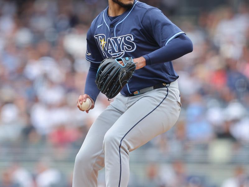 Jul 20, 2024; Bronx, New York, USA; Tampa Bay Rays starting pitcher Taj Bradley (45) pitches against the New York Yankees during the first inning at Yankee Stadium. Mandatory Credit: Brad Penner-USA TODAY Sports