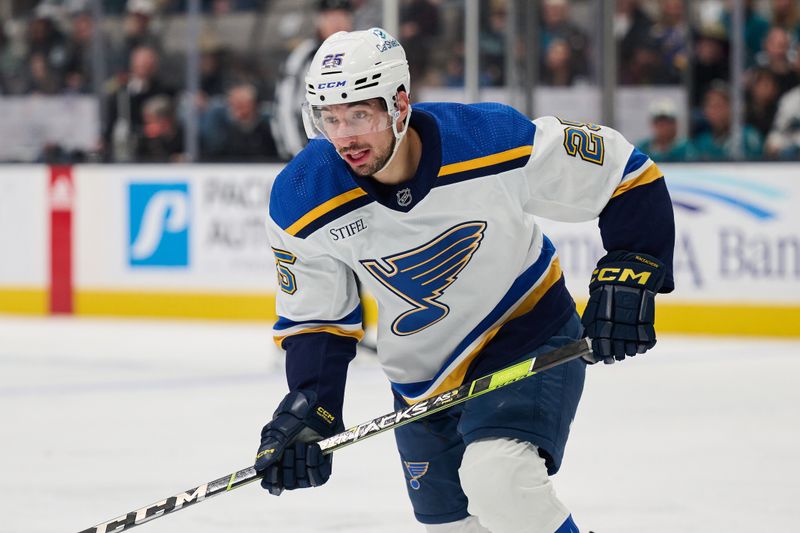 Apr 6, 2024; San Jose, California, USA; St. Louis Blues center Jordan Kyrou (25) skates against the San Jose Sharks during the third period at SAP Center at San Jose. Mandatory Credit: Robert Edwards-USA TODAY Sports