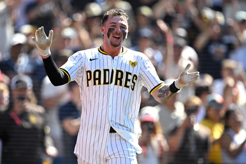 Jun 12, 2024; San Diego, California, USA; San Diego Padres center fielder Jackson Merrill (3) celebrates after hitting a walk-off home run against the Oakland Athletics at Petco Park. Mandatory Credit: Orlando Ramirez-USA TODAY Sports