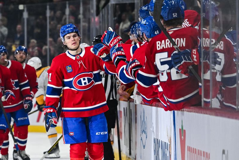 Dec 5, 2024; Montreal, Quebec, CAN; Montreal Canadiens center Jake Evans (71) celebrates his goal against the Nashville Predators with his teammates at the bench during the first period at Bell Centre. Mandatory Credit: David Kirouac-Imagn Images