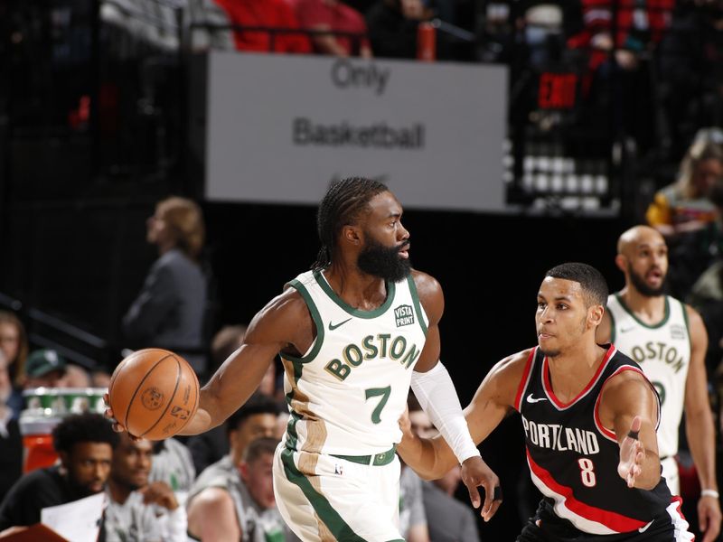 PORTLAND, OR - MARCH 11:  Jaylen Brown #7 of the Boston Celtics handles the ball during the game against the Portland Trail Blazers on March 11, 2024 at the Moda Center Arena in Portland, Oregon. NOTE TO USER: User expressly acknowledges and agrees that, by downloading and or using this photograph, user is consenting to the terms and conditions of the Getty Images License Agreement. Mandatory Copyright Notice: Copyright 2024 NBAE (Photo by Cameron Browne/NBAE via Getty Images)