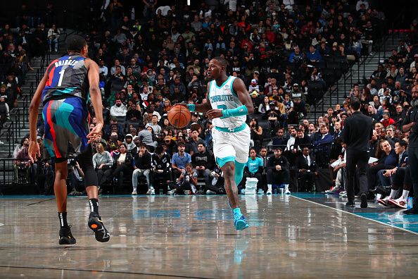 BROOKLYN, NY - NOVEMBER 30: Terry Rozier #3 of the Charlotte Hornets dribbles the ball during the game against the Brooklyn Nets on November 30, 2023 at Barclays Center in Brooklyn, New York. NOTE TO USER: User expressly acknowledges and agrees that, by downloading and or using this Photograph, user is consenting to the terms and conditions of the Getty Images License Agreement. Mandatory Copyright Notice: Copyright 2023 NBAE (Photo by David L. Nemec/NBAE via Getty Images)