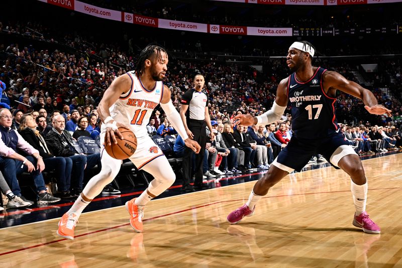 PHILADELPHIA, PA - FEBRUARY 22: Jalen Brunson #11 of the New York Knicks dribbles the ball during the game against the Philadelphia 76ers on February 22, 2024 at the Wells Fargo Center in Philadelphia, Pennsylvania NOTE TO USER: User expressly acknowledges and agrees that, by downloading and/or using this Photograph, user is consenting to the terms and conditions of the Getty Images License Agreement. Mandatory Copyright Notice: Copyright 2024 NBAE (Photo by David Dow/NBAE via Getty Images)