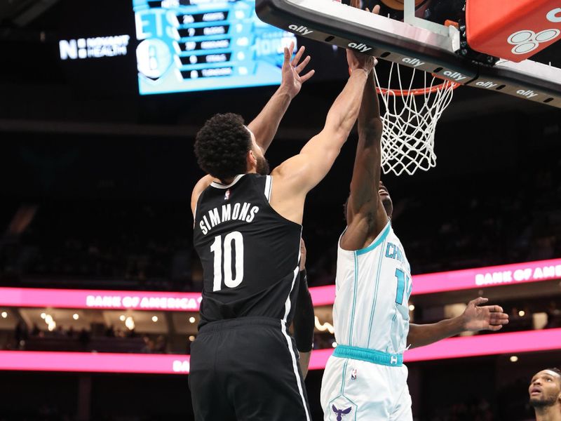 CHARLOTTE, NC - JANUARY 29: Ben Simmons #10 of the Brooklyn Nets shoots the ball during the game against the Charlotte Hornets on January 29, 2025 at Spectrum Center in Charlotte, North Carolina. NOTE TO USER: User expressly acknowledges and agrees that, by downloading and or using this photograph, User is consenting to the terms and conditions of the Getty Images License Agreement. Mandatory Copyright Notice: Copyright 2025 NBAE (Photo by Brock Williams-Smith/NBAE via Getty Images)