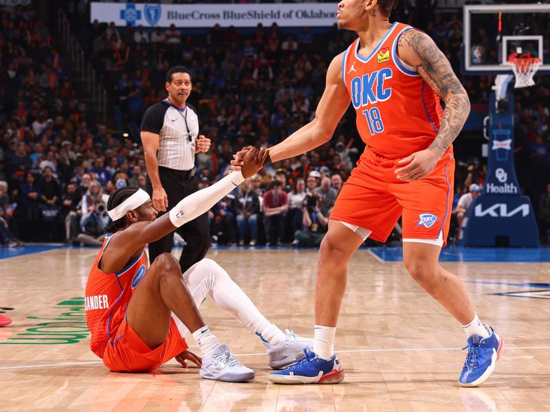 OKLAHOMA CITY, OK - JANUARY 23: Shai Gilgeous-Alexander #2 of the Oklahoma City Thunder is helped up by Keyontae Johnson #18 during the game against the Portland Trail Blazers on January 23, 2024 at Paycom Arena in Oklahoma City, Oklahoma. NOTE TO USER: User expressly acknowledges and agrees that, by downloading and or using this photograph, User is consenting to the terms and conditions of the Getty Images License Agreement. Mandatory Copyright Notice: Copyright 2024 NBAE (Photo by Zach Beeker/NBAE via Getty Images)